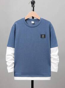 SHEIN 青少年男孩休閒針織圓領拼接長袖T恤，帶字母拼貼，2件套裝