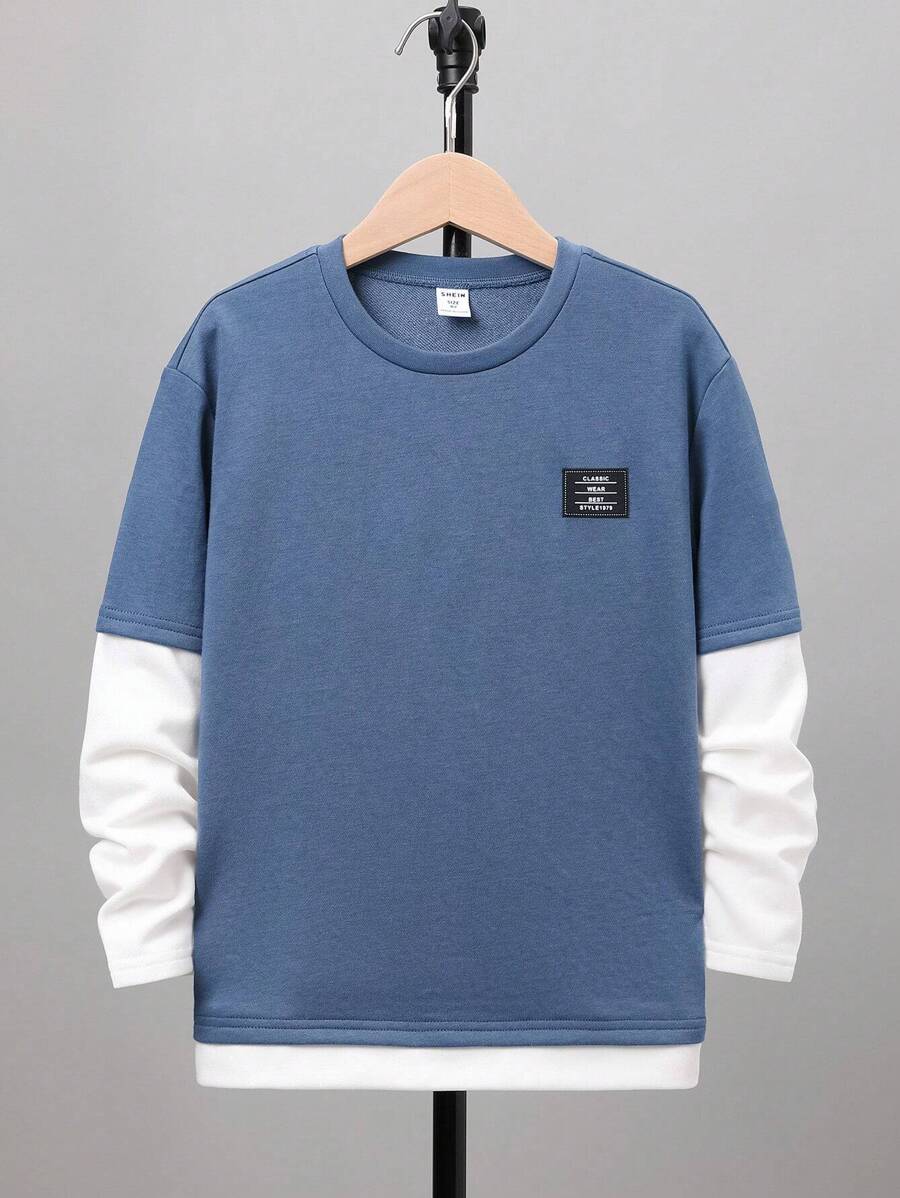 SHEIN 青少年男孩休閒針織圓領拼接長袖T恤，帶字母拼貼，2件套裝