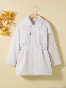 SHEIN Tween Girl 1pc Flap Pocket Drop Shoulder Teddy Coat - White - View 5