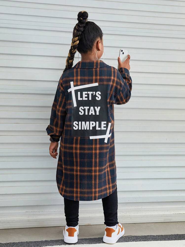 Tween Girl Plaid & Slogan Graphic Drop Shoulder Shirt