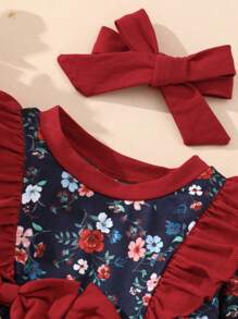 Bebé Jumpsuit con estampado floral ribete con fruncido con lazo delantero con diadema - Multicolor - Ver 3