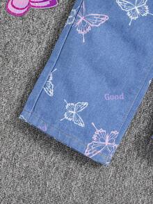 SHEIN Young Girl Letter and Butterfly Print Jeans - Medium Wash - View 5