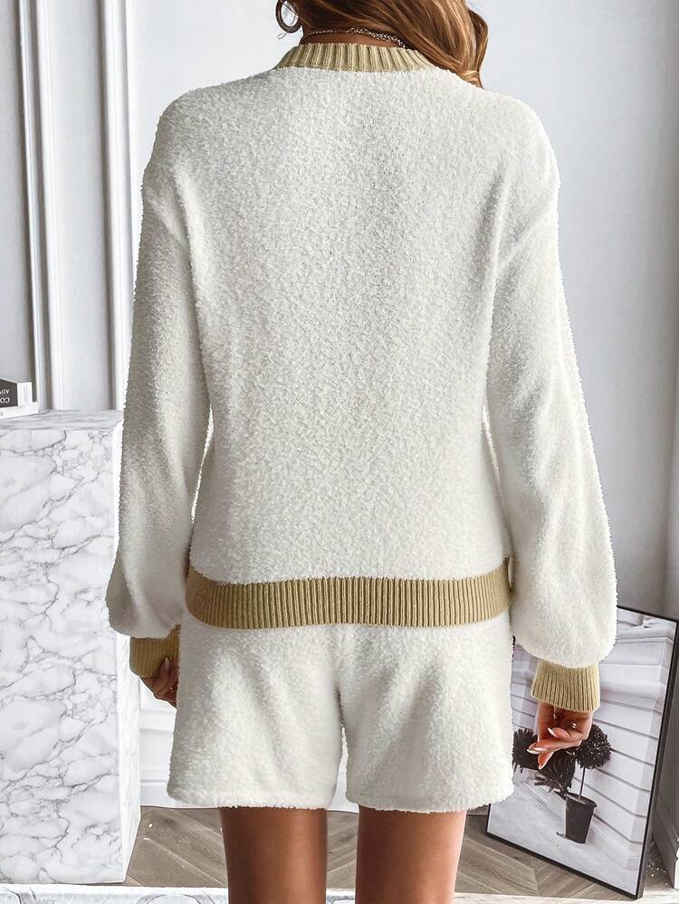 Contrast Trim Drop Shoulder Sweater & Knit Shorts