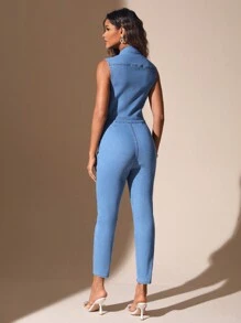 SHEIN BAE Cut Out Waist Denim Jumpsuit - Light Wash - View 2