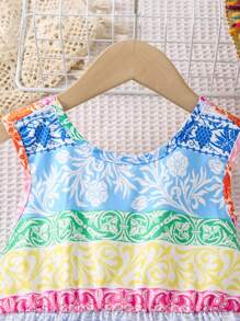 SHEIN 年轻女孩花卉印花交叉后背连衣裙，度假，夏季，旅行