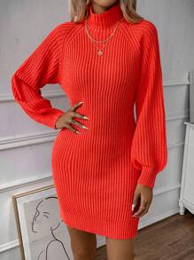 EMERY ROSE Turtleneck Raglan Sleeve Sweater Dress Without Belt Fall Winter Cloth For Women - Orange - View 6