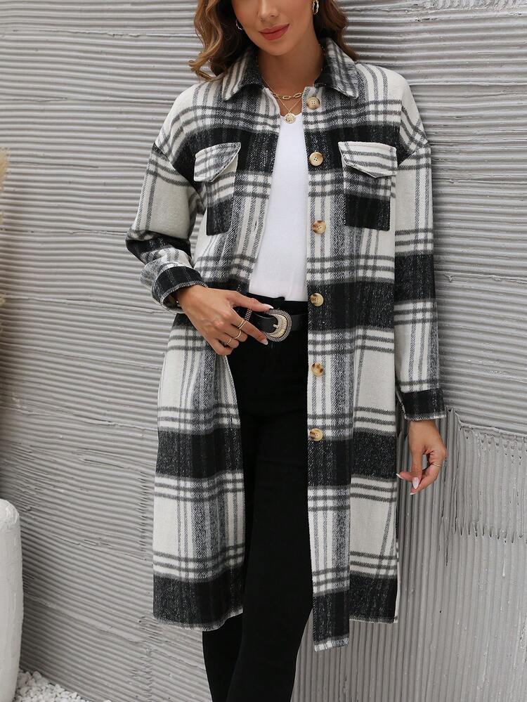 Plaid Print Drop Shoulder Flap Pocket Overcoat Fall Winter Cloth For Women