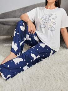 Plus Cartoon Graphic Tee & Pants PJ Set / Pajama Set - Multicolor - View 4