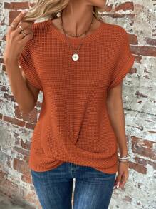 EMERY ROSE Solid Batwing Sleeve Cross Wrap Hem Tee - Brown - View 5
