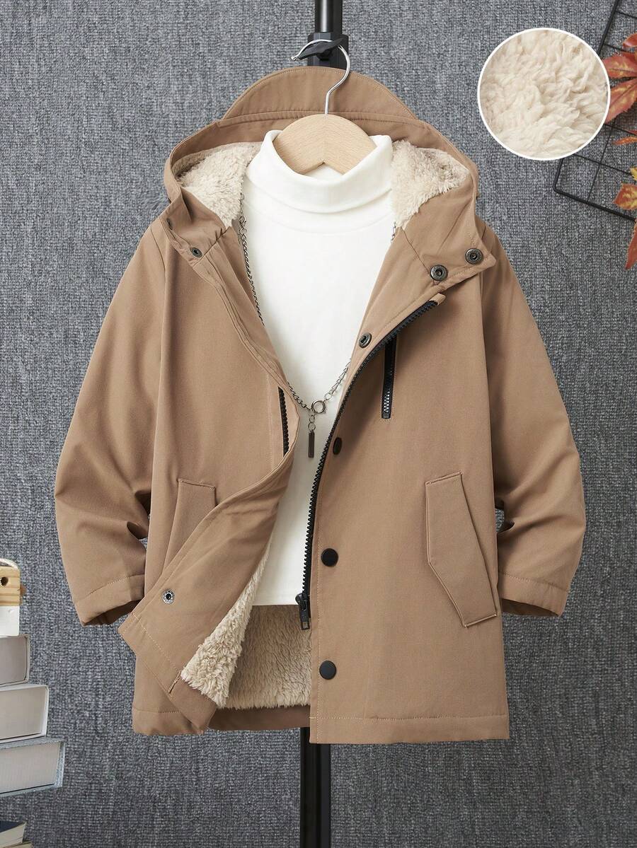 SHEIN 男小童1入組拉鏈細節連帽加絨內裏外套