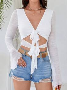 Soleia 前繫帶喇叭袖短款上衣 - 白色 - 查看 1