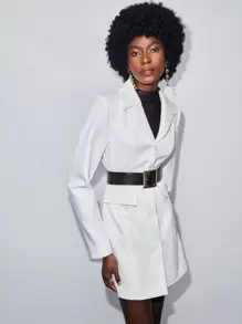 BizChic Lapel Collar Flap Detail Blazer Without Belt - White - View 7