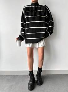 EURMUSE Áo len cổ đứng kẻ sọc nhiều màu sắc thường ngày dành cho nữ, Thu/Đông - màu đen - Xem 5