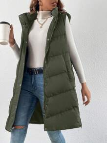 SHEIN Frenchy Chaleco con capucha con cremallera y botón a presión, acolchado para otoño/invierno - Verde militar - Ver 3