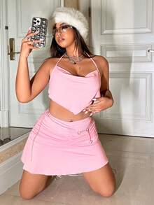 SHEIN ICON Plus Draped Bandana Hem Tie Backless Halter Top & Ruched Skirt - Pink - View 7