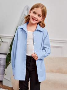 SHEIN Leap Crew 女大童字母貼布落肩袖襯衫 - 淺藍色 - 查看 4