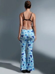 Flirla Pantalones acampanados con estampado de corazón con cordón lateral
