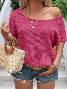 SHEIN LUNE Plus Draped Backless Batwing Sleeve Tee - Hot Pink - View 4