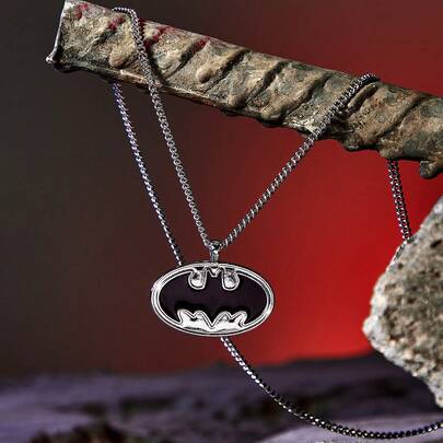 BATMAN X SHEIN Silver Alloy Black Drip Oil Pendant Necklace, Suitable For Men And Women