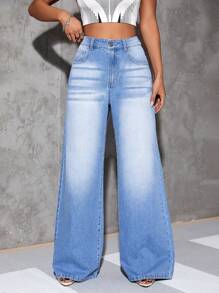 SHEIN Essnce Quần jean nữ Nút Túi Dây kéo màu trơn - Rửa trung bình - Xem 1