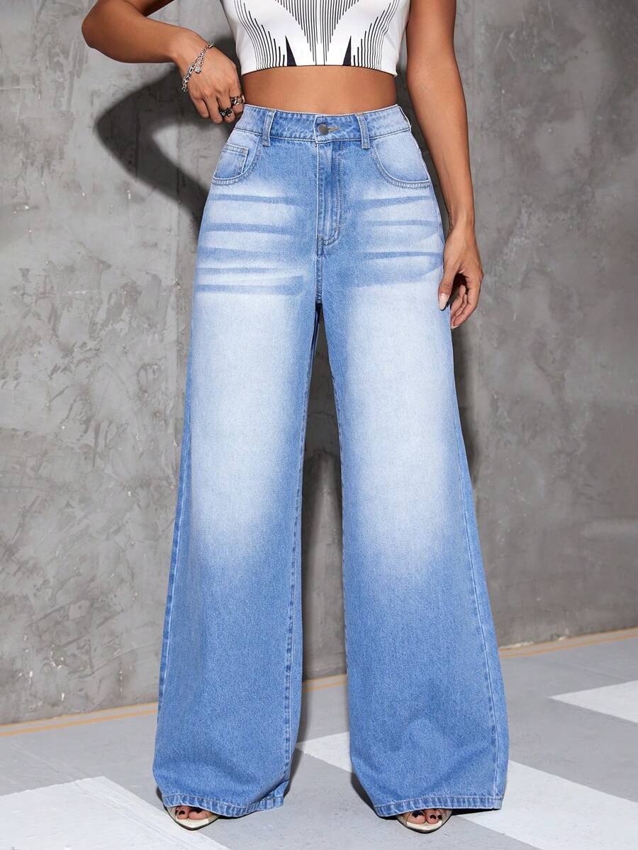 SHEIN Essnce Quần jean nữ Nút Túi Dây kéo màu trơn - Rửa trung bình - Xem 1