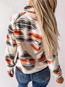 Astylish Western Wear Women Geometric Pattern Long Sleeve Snap Buttoned Zippered Pockets Fleece Jacket