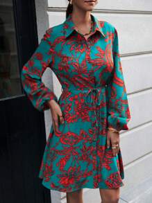 SHEIN LUNE 植物圖案燈籠袖腰帶襯衫洋裝 - 彩色 - 查看 5