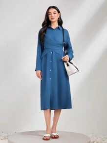 Mulvari Crisscross Nút phía trước Váy sơ mi - Xanh đậm - Xem 1