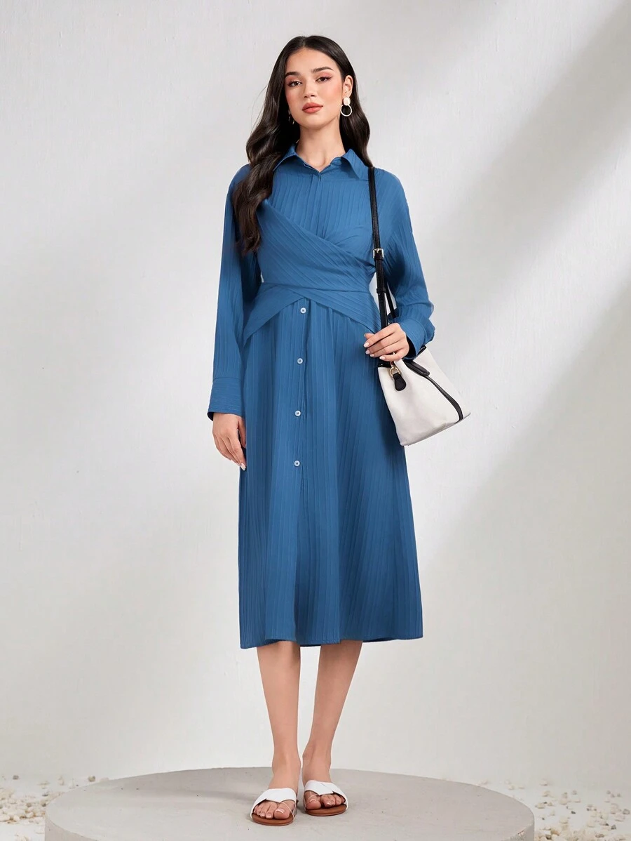 Mulvari Crisscross Nút phía trước Váy sơ mi - Xanh đậm - Xem 1