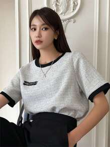 DAZY Patched Detail Contrast Binding Tee - Light Grey - View 1