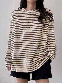 DAZY Striped Drop Shoulder Tee,Fall Clothes Long Sleeve Women Tops - Coffee Brown - View 6