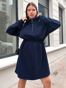 RueChic Plus Half Zip Drop Shoulder Dress - Navy Blue - View 2