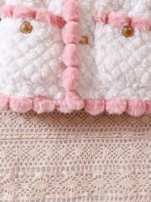 Đứa bé gái Viền tương phản Nút phía trước áo - trắng - Xem 5