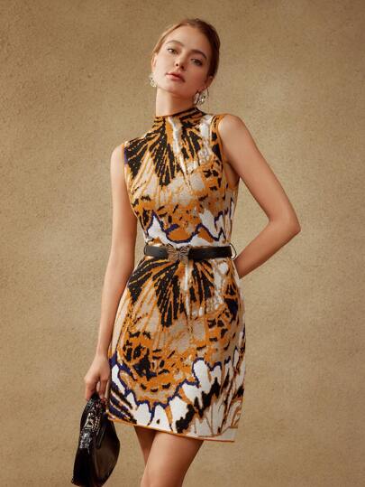 MOTF PREMIUM WOOL-BLEND ABSTRACT KNIT MOCK-NECK DRESS WITHOUT BELT