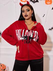 SHEIN EZwear Plus Letter Graphic Drop Shoulder Zip Up Hoodie - Red - View 2