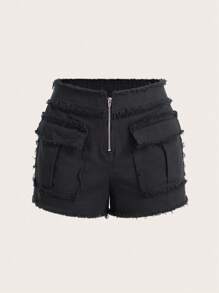 SHEIN ICON Zip Fly Flap Pocket Raw Trim Shorts - Black - View 3