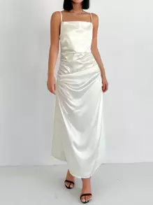 EURMUSE Solid Ruched Side Cami Dress - Apricot - View 3