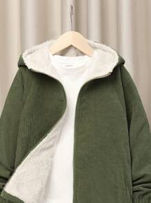 SHEIN Tween Boy 1pc Letter Embroidery Raglan Sleeve Hooded Thermal Lined Coat - Army Green - View 7