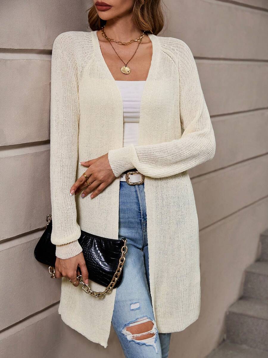 SHEIN LUNE 插肩袖休闲设计开衫 - 米色 - 查看 1