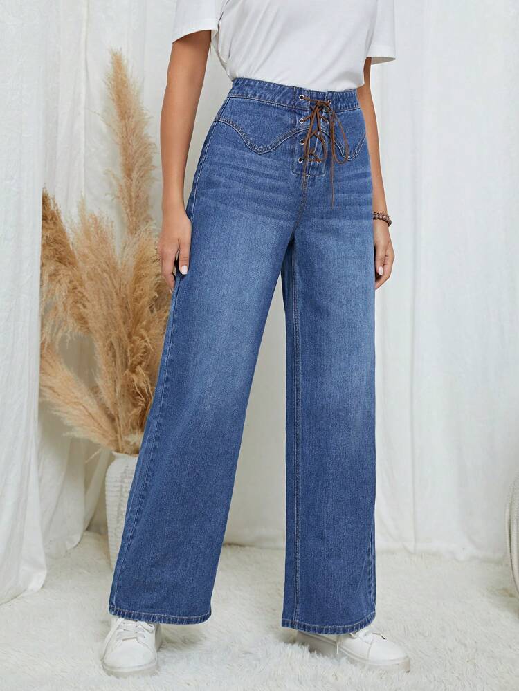 Lace Up Front Wide Leg Jeans
