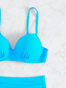 SHEIN Swim Summer Beach Plain Push Up Bikini Set - Blue - View 3