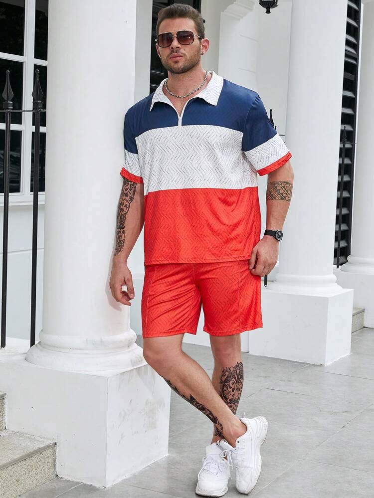 Men Plus Colorblock Polo Shirt & Shorts