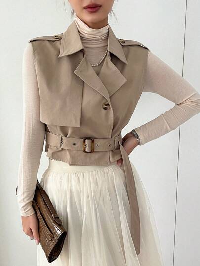 DAZY Lapel Neck Belted Vest Jacket