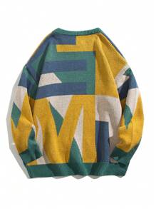 男士几何图案落肩毛衣，秋冬款 - 綠色 - 查看 2