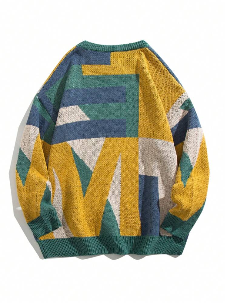 男士几何图案落肩毛衣，秋冬款 - 綠色 - 查看 2