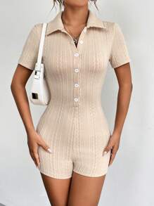 SHEIN Privé Nút phía trước Đồ đan Ribbed Quần áo nịt Romper - Màu be - Xem 1
