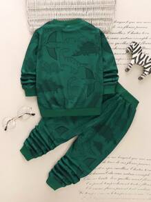 SHEIN Young Boy Dinosaur Print Sweatshirt & Sweatpants - Dark Green - View 2