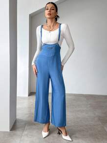 SHEIN Unity Solid Wide Leg Overall Jumpsuit Without Tee - Blue - View 5