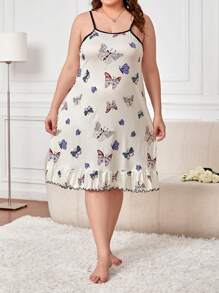 蝴蝶印花荷叶边下摆吊带睡衣睡裙
