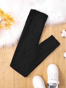 SHEIN Tween Girl Button Detail Knit Pants,In Fall/Winter - Black - View 4